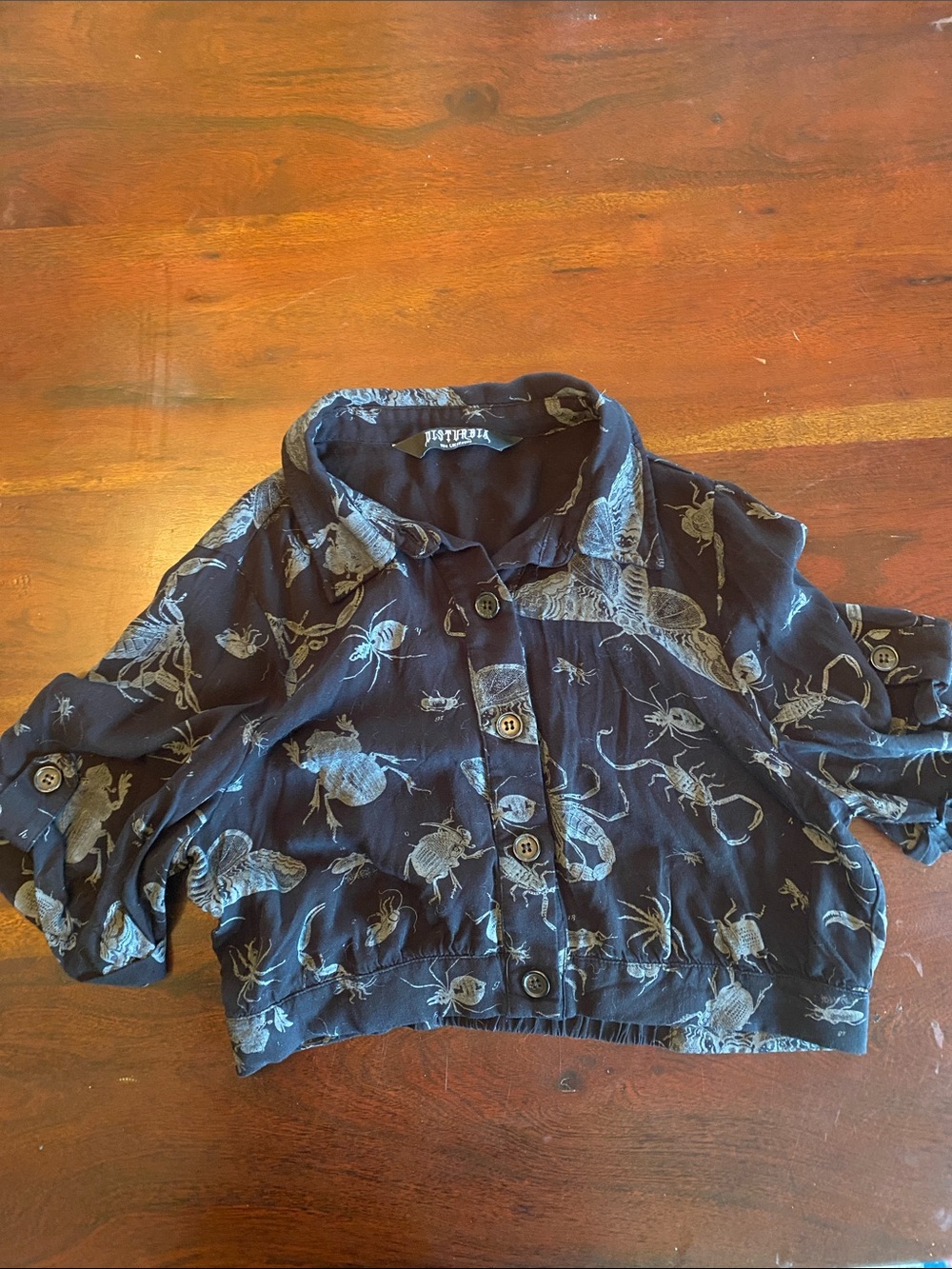 Black Cropped Button-Up Shirt with Grey Insect Print